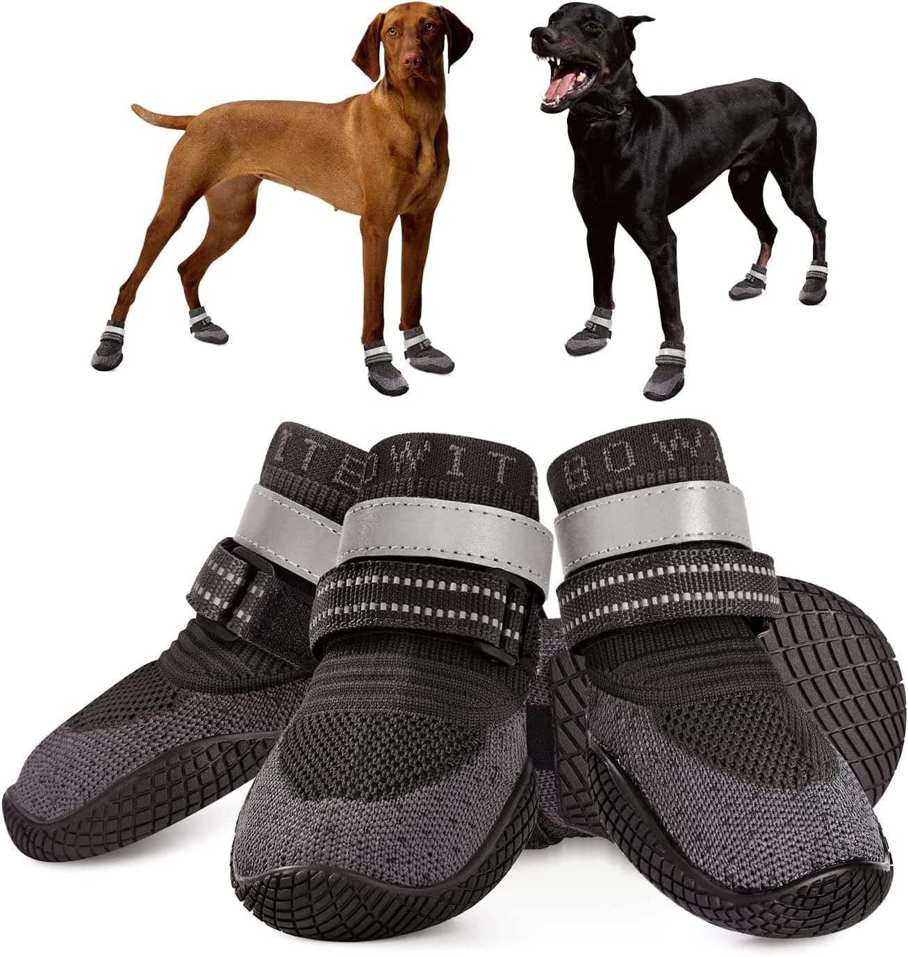 Dog Boots & Paw Protectors, Dog Shoes for Hot Pavement, Bowite Summer Winter Breathable Lightweight Fly Knit Dog Booties with Reflective Strips for Small Medium Large Dogs 4Pcs/Set（Black,#2） Animals & Pet Supplies > Pet Supplies > Dog Supplies > Dog Apparel Bowite Black Size 2: Width 1.77'' (Pack of 4) 