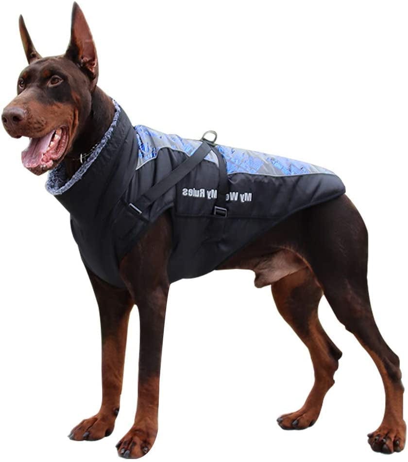 Dog Jacket with Harness & Furry Collar - Winter Coat for Dogs Extra Warm Waterproof Windproof Pet Jacket for Hiking Camping with Reflective Cold Weather Dog Coats for Large Dogs to Medium Dogs Animals & Pet Supplies > Pet Supplies > Dog Supplies > Dog Apparel Dociote Sliver Blue 6XL(Chest 32.5" Length 28") 