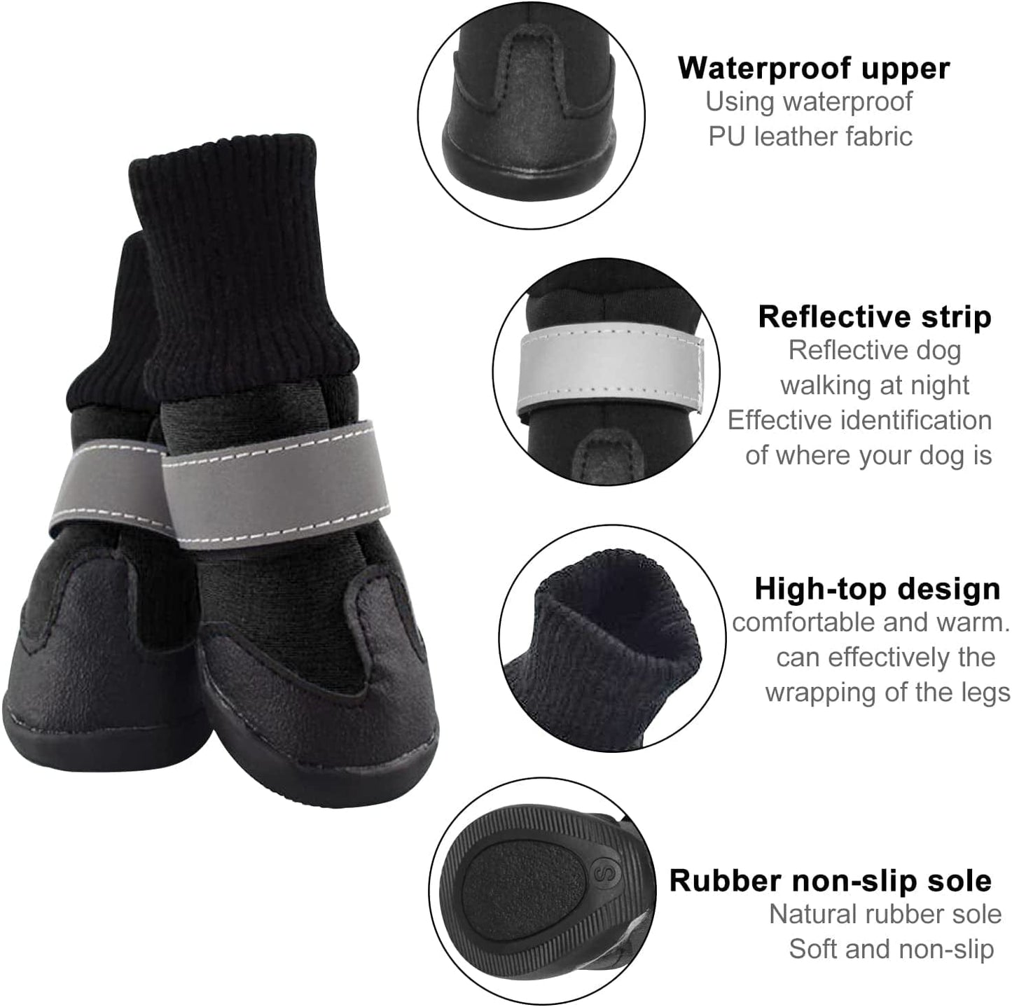 Dog Shoes, BESUNTEK Waterproof Dog Boots Paw Protector Snow Nonslip Rubber with Reflective Strip, Warm Lining, for Medium & Large Dogs 4 Pcs (Black, XL)