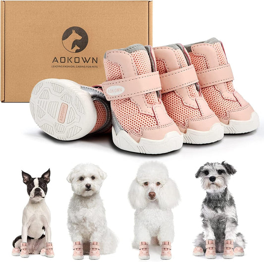 Dog Shoes for Small Medium Large Dogs Boots for Winter Snow Hot Pavement, Breathable Dog Sneakers, Dog Booties Paw Protectors for Hiking and Running with Reflective Strip Anti-Slip Sole 4Pcs Animals & Pet Supplies > Pet Supplies > Dog Supplies > Dog Apparel AOKOWN Pink #4 (width 1.77 inch) 