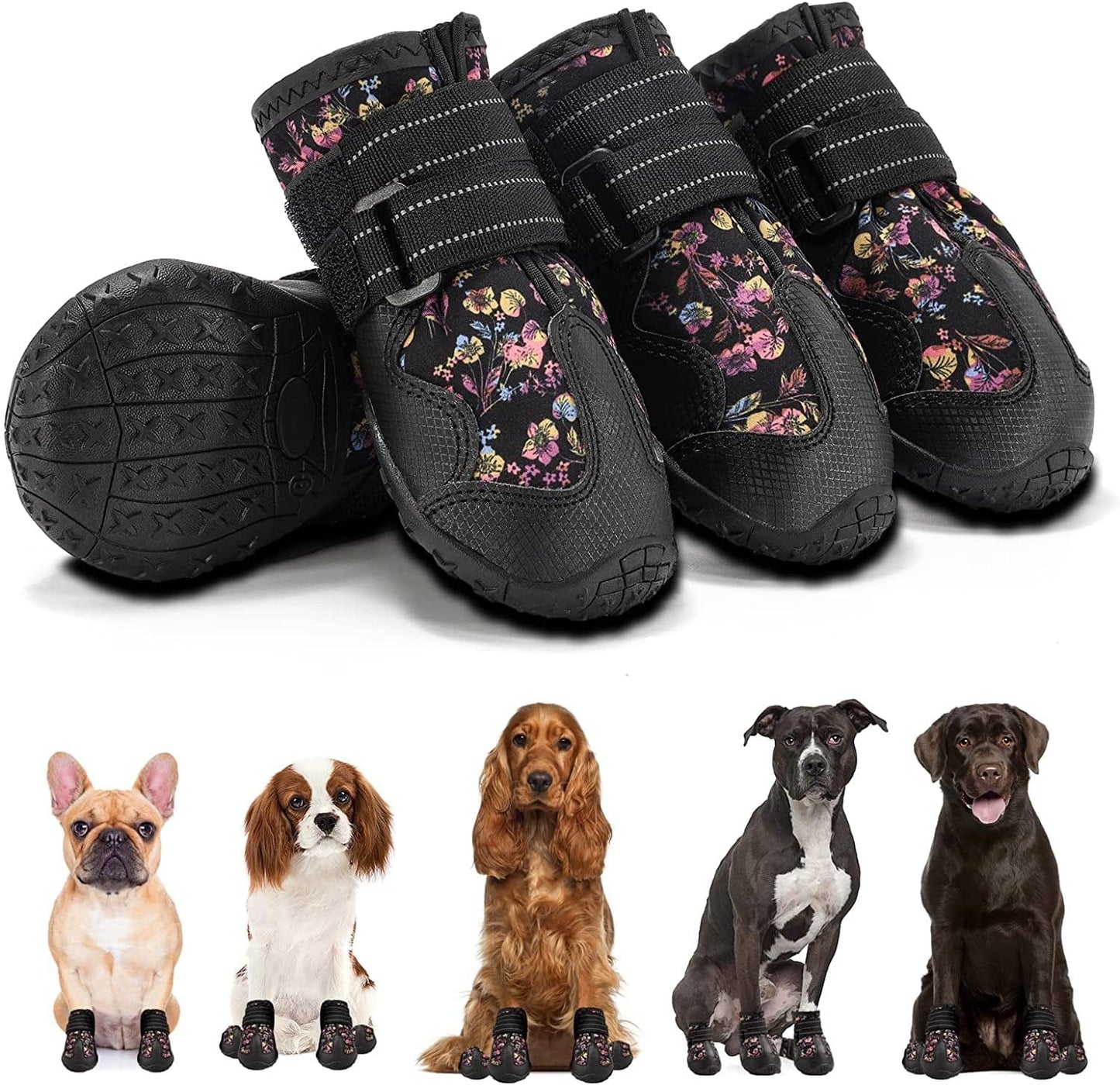 Dog Shoes for Small Medium Large Dogs Boots, Soft Breathable Dog Shoes with Reflective Straps, Anti-Slip Dog Booties Paw Protector for Outdoor Winter Snow Hot Pavement Hiking 4PCS Animals & Pet Supplies > Pet Supplies > Dog Supplies > Dog Apparel AOKOWN Flower #2 (width 1.77 inch) for 26-33 lbs 