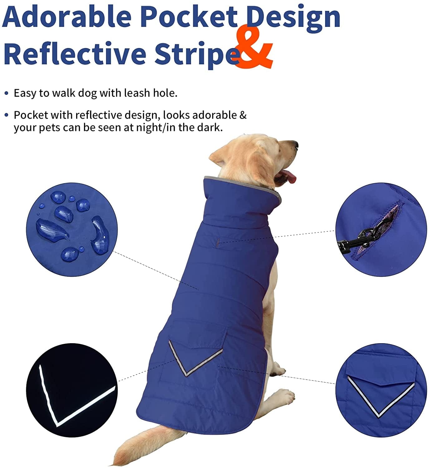 Dog Winter Coat, Dog Jacket with Pocket and Reflective Strip, Windproof Waterproof Dog Sweater, Puppy Clothes Warm Pet Winter Vest for Small Medium Extra Large Dogs Pet (Blue, XL) Animals & Pet Supplies > Pet Supplies > Dog Supplies > Dog Apparel Petglad   