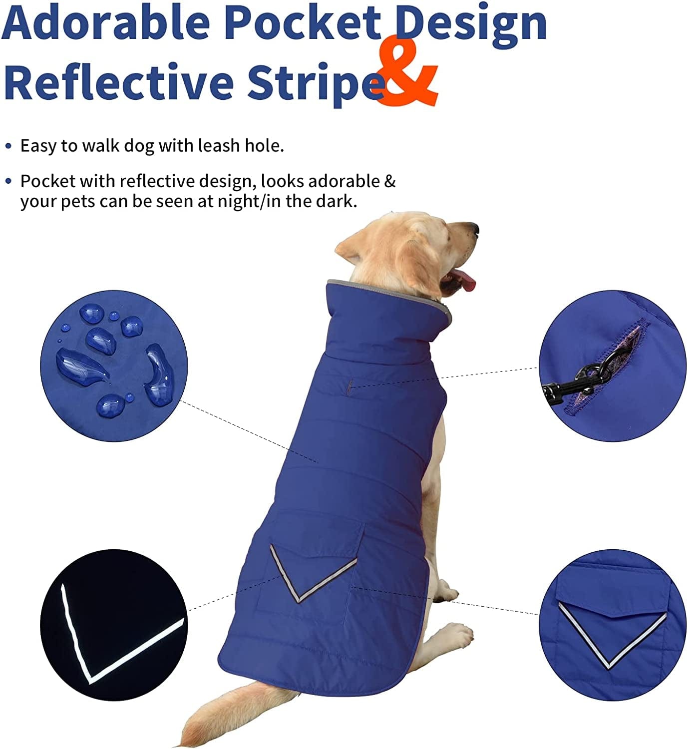 Dog Winter Coat, Dog Jacket with Pocket and Reflective Strip, Windproof Waterproof Dog Sweater, Puppy Clothes Warm Pet Winter Vest for Small Medium Extra Large Dogs Pet (Blue, XL) Animals & Pet Supplies > Pet Supplies > Dog Supplies > Dog Apparel Petglad   