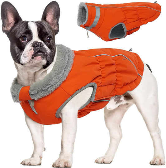 Dog Winter Coat, Pet Cold Weather Jacket with Fur Collar & Leash Hole, Extra Warm Dog Fleece Clothes Reflective Dog Vest Waterproof Puppy Apparel, Fluorescent Dog Snow Suit for Small Medium Large Dog Animals & Pet Supplies > Pet Supplies > Dog Supplies > Dog Apparel QBLEEV Bright Orange X-Small 