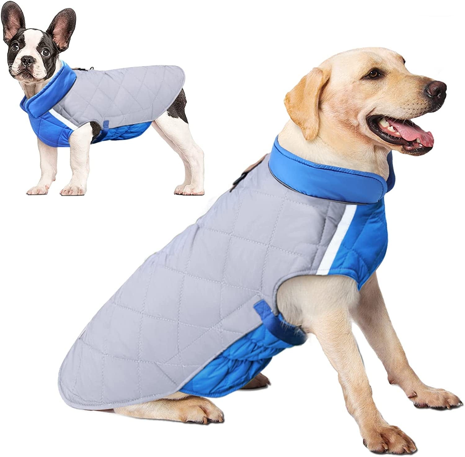 Dog Winter Coat Quilted Adjustable Snowsuit Reflective Warm Fleece Jacket Waterproof Windproof Dog Cold Weather Clothes Vest Apparel for Dog Gray+Blue L Animals & Pet Supplies > Pet Supplies > Dog Supplies > Dog Apparel SunnyLisa Gray+Blue M（Chest16.1'',Neck11'',Back10.2''） 