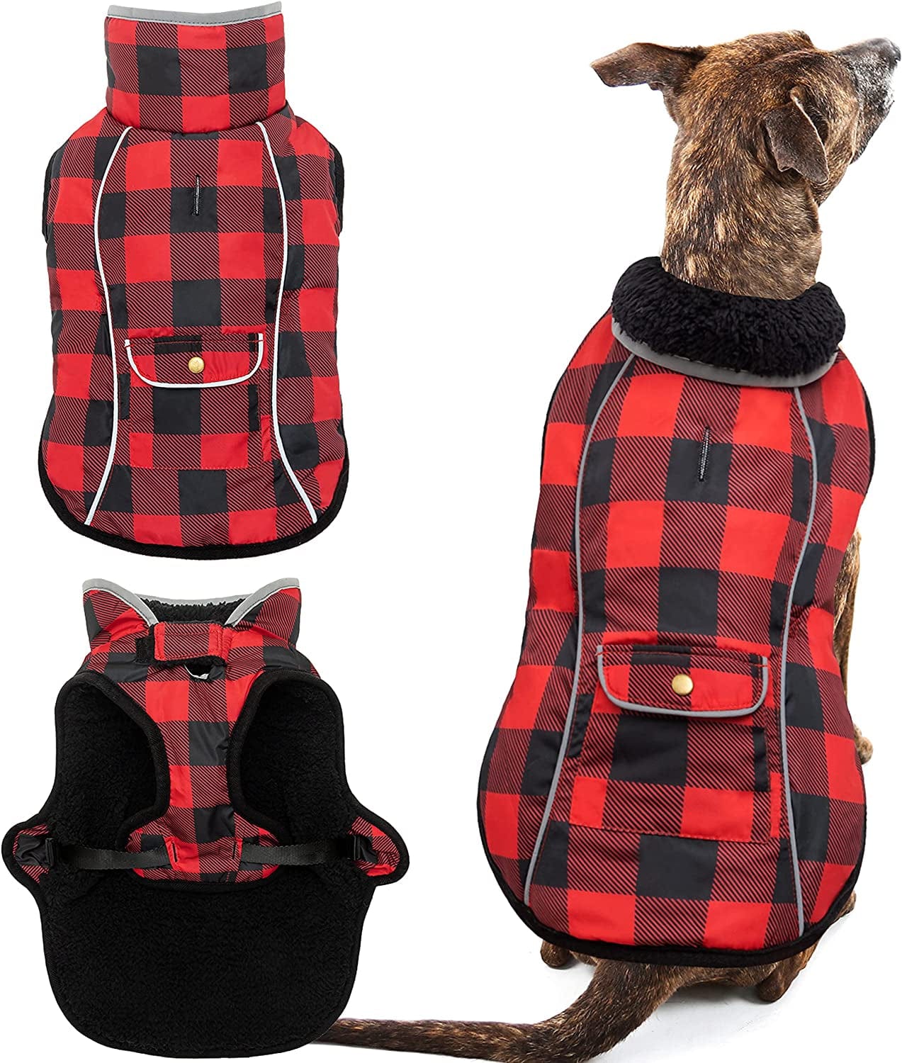 Dog Winter Coat - Warm Fleece Dog Clothes for Rain Snow Wind Cold Weather - Reflective Adjustable Cozy Waterproof Windproof Dog Vest Jacket with Leash Hole for Small Medium Large Dogs Indoor Outdoor Animals & Pet Supplies > Pet Supplies > Dog Supplies > Dog Apparel MOTZABO Red L (chest:19"-28" neck:17.5") 