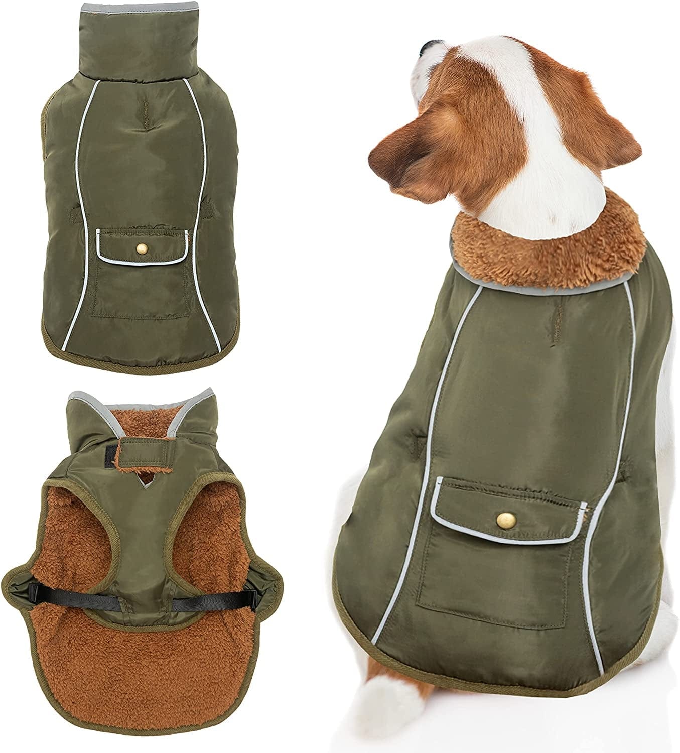 Dog Winter Coat - Warm Fleece Dog Clothes for Rain Snow Wind Cold Weather - Reflective Adjustable Cozy Waterproof Windproof Dog Vest Jacket with Leash Hole for Small Medium Large Dogs Indoor Outdoor Animals & Pet Supplies > Pet Supplies > Dog Supplies > Dog Apparel MOTZABO Green S (chest:14"-20" neck:13.8") 