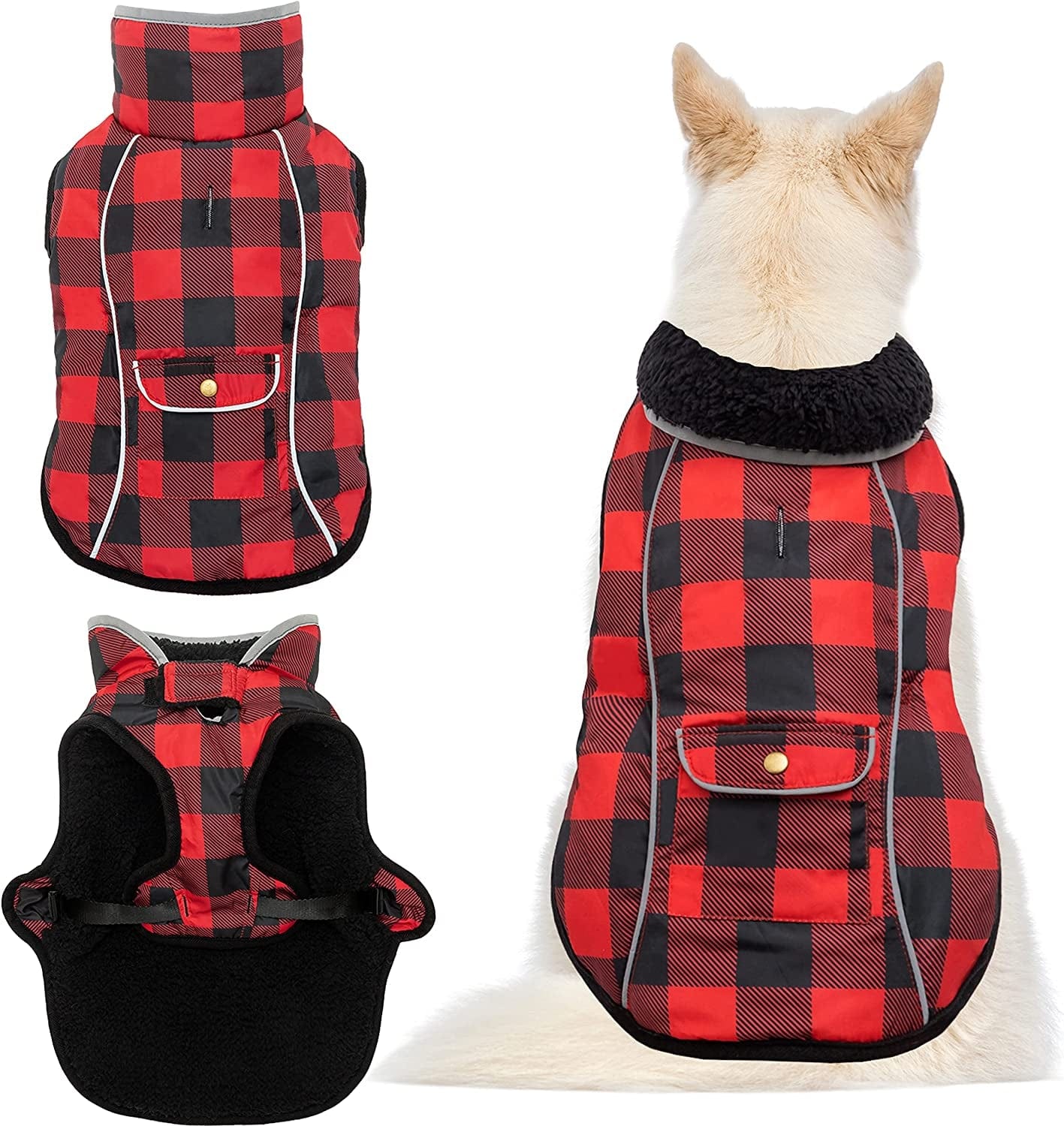 Dog Winter Coat - Warm Fleece Dog Clothes for Rain Snow Wind Cold Weather - Reflective Adjustable Cozy Waterproof Windproof Dog Vest Jacket with Leash Hole for Small Medium Large Dogs Indoor Outdoor Animals & Pet Supplies > Pet Supplies > Dog Supplies > Dog Apparel MOTZABO Red XL (chest:25"-34" neck:20.5") 