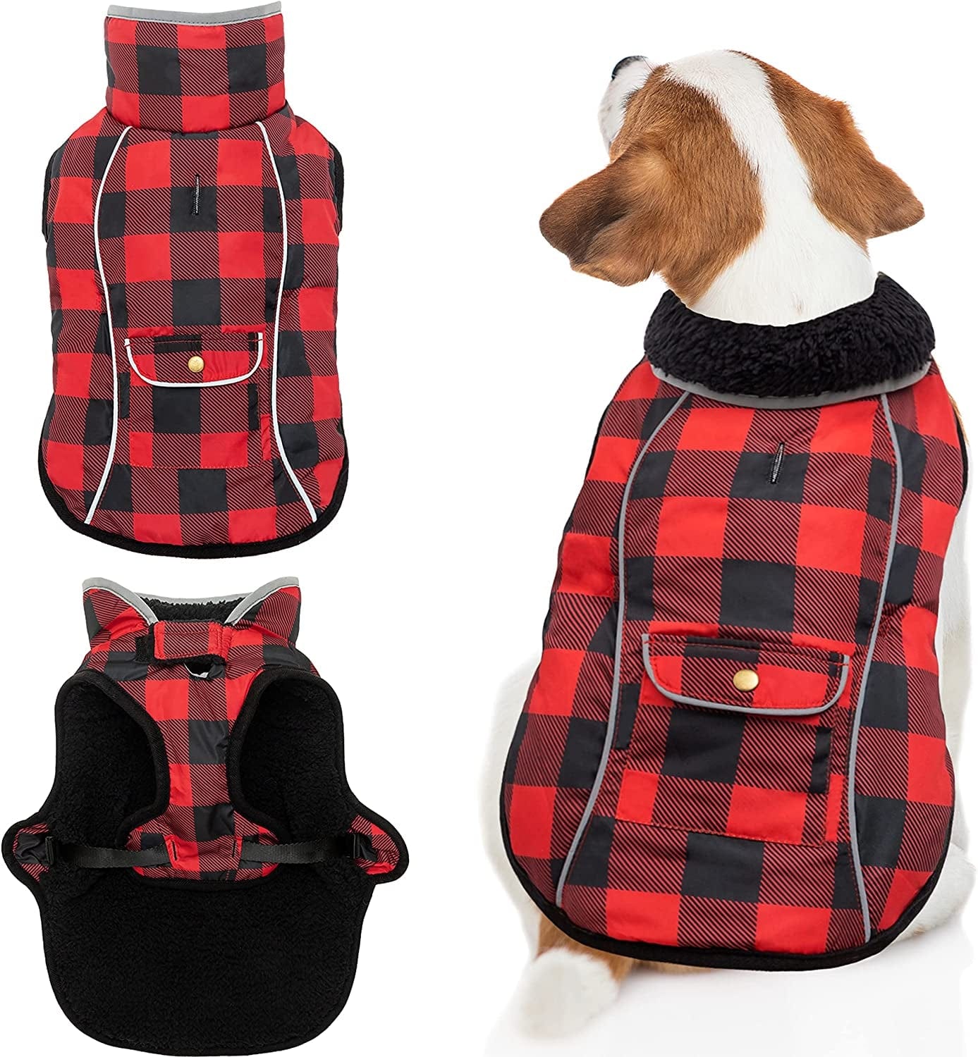 Dog Winter Coat - Warm Fleece Dog Clothes for Rain Snow Wind Cold Weather - Reflective Adjustable Cozy Waterproof Windproof Dog Vest Jacket with Leash Hole for Small Medium Large Dogs Indoor Outdoor Animals & Pet Supplies > Pet Supplies > Dog Supplies > Dog Apparel MOTZABO Red S (chest:14"-20" neck:13.8") 