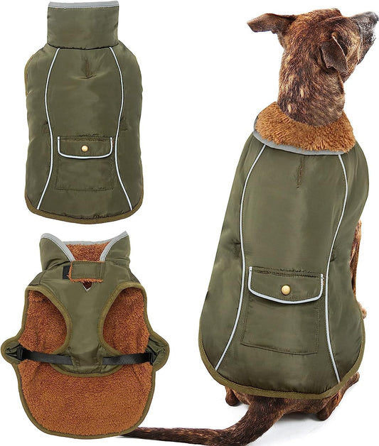 Dog Winter Coat - Warm Fleece Dog Clothes for Rain Snow Wind Cold Weather - Reflective Adjustable Cozy Waterproof Windproof Dog Vest Jacket with Leash Hole for Small Medium Large Dogs Indoor Outdoor Animals & Pet Supplies > Pet Supplies > Dog Supplies > Dog Apparel MOTZABO Green L (chest:19"-28" neck:17.5") 