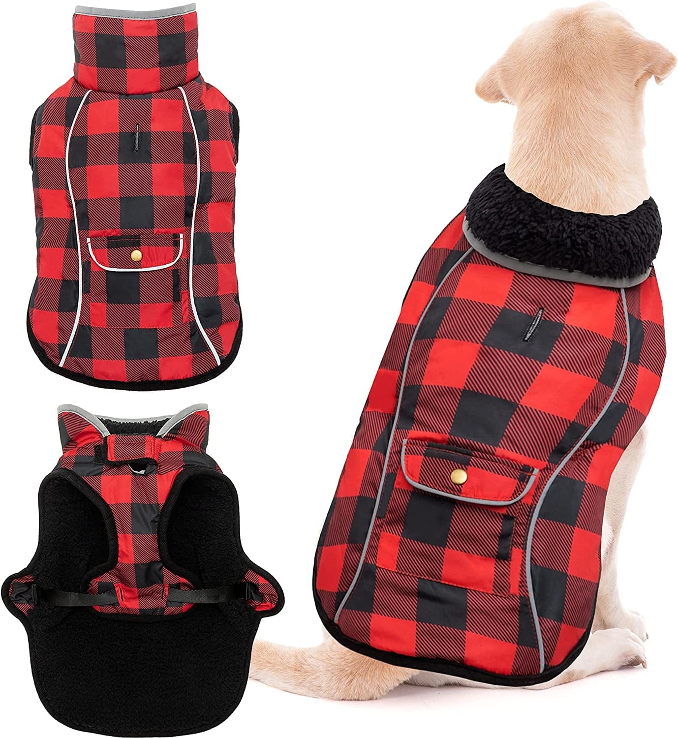 Dog Winter Coat - Warm Fleece Dog Clothes for Rain Snow Wind Cold Weather - Reflective Adjustable Cozy Waterproof Windproof Dog Vest Jacket with Leash Hole for Small Medium Large Dogs Indoor Outdoor Animals & Pet Supplies > Pet Supplies > Dog Supplies > Dog Apparel MOTZABO Red XXL (chest:30"-40" neck:23.2") 