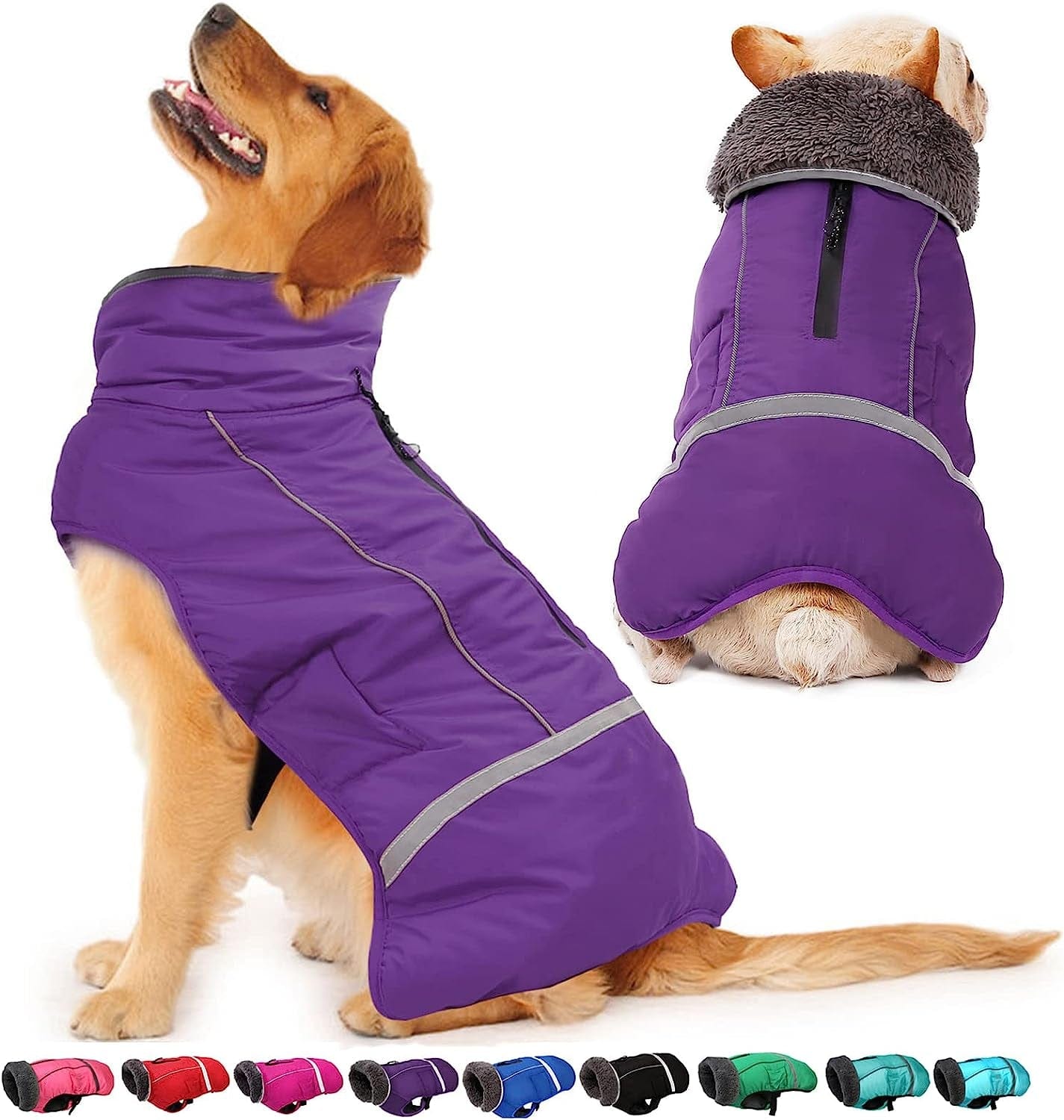 Dogcheer Warm Dog Coat, Fleece Collar Winter Dog Clothes, Reflective Pet Jacket Apparel for Cold Weather, Waterproof Windproof Puppy Snowsuit Vest for Small Medium Large Dogs Animals & Pet Supplies > Pet Supplies > Dog Supplies > Dog Apparel Dogcheer Purple 2XL(Chest Girth 27.36"-39.96") 