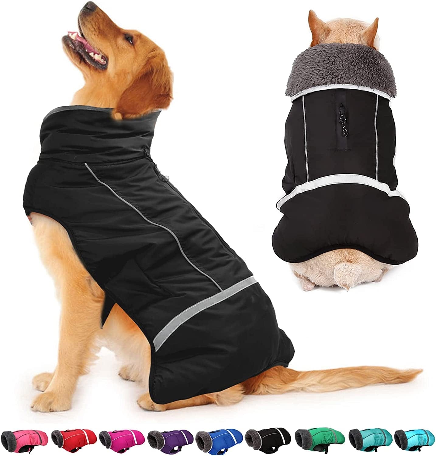 Dogcheer Warm Dog Coat, Fleece Collar Winter Dog Clothes, Reflective Pet Jacket Apparel for Cold Weather, Waterproof Windproof Puppy Snowsuit Vest for Small Medium Large Dogs Animals & Pet Supplies > Pet Supplies > Dog Supplies > Dog Apparel Dogcheer Black M(Chest Girth 14.5"-25.5") 