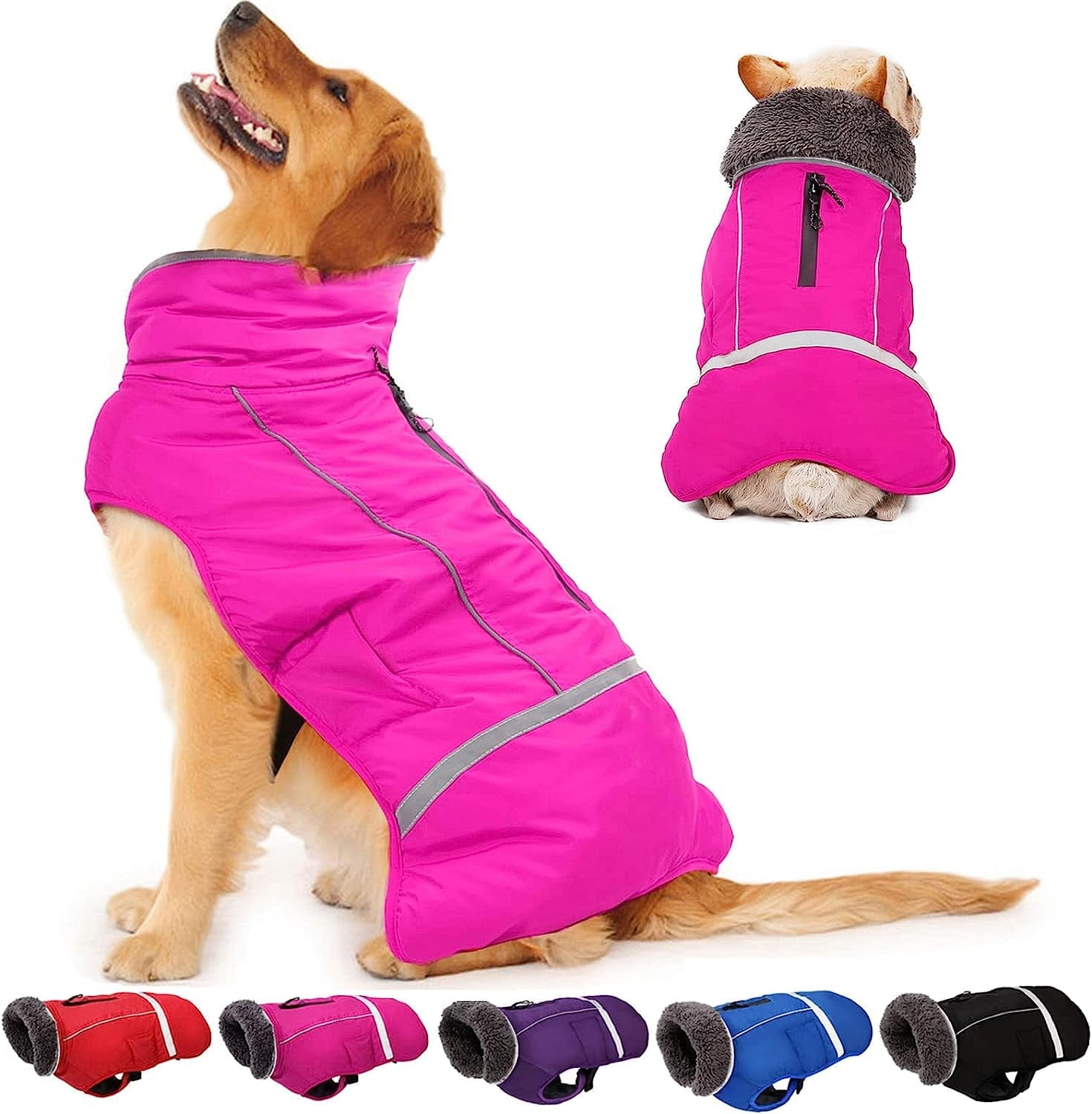 Dogcheer Warm Dog Coat, Fleece Collar Winter Dog Clothes, Reflective Pet Jacket Apparel for Cold Weather, Waterproof Windproof Puppy Snowsuit Vest for Small Medium Large Dogs Animals & Pet Supplies > Pet Supplies > Dog Supplies > Dog Apparel Dogcheer Pink S(Chest Girth 10.6"-17.8") 