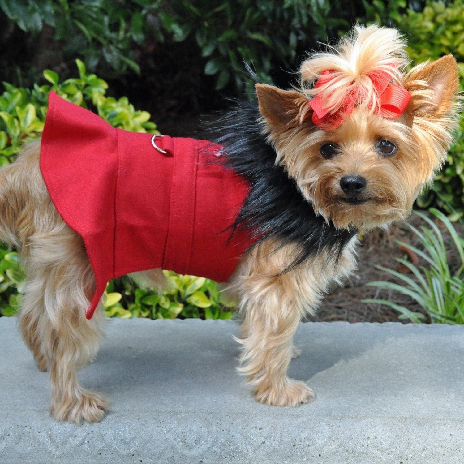 DOGGIE DESIGN Wool Fur Trimmed Dog Harness Coat with Leash (XS, Red) Animals & Pet Supplies > Pet Supplies > Dog Supplies > Dog Apparel Doggie Design   