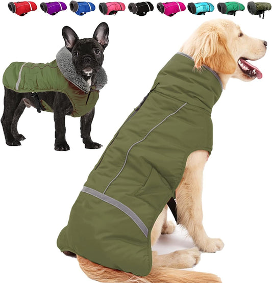 Doglay Dog Winter Coat with Thicken Furry Collar, Reflective Warm Pet Jacket Fleece Lining Waterproof Windproof Dog Clothes for Cold Weather, Soft Puppy Vest Apparel for Small Medium Large Dogs Animals & Pet Supplies > Pet Supplies > Dog Supplies > Dog Apparel Doglay Army Green M(Chest : 15.75-23.6" , Back : 13") 