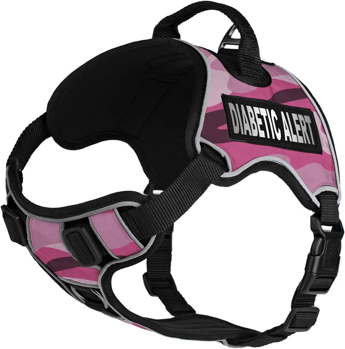 Dogline Quest No-Pull Dog Harness with Diabetic Alert Reflective Removable Patches Reflective Soft Comfortable Dog Vest with Quick Release Dual Buckles Black Hardware and Handle 18 to 22 in Aztec Animals & Pet Supplies > Pet Supplies > Dog Supplies > Dog Apparel Dogline Pink Camo Girth 21 to 25" 