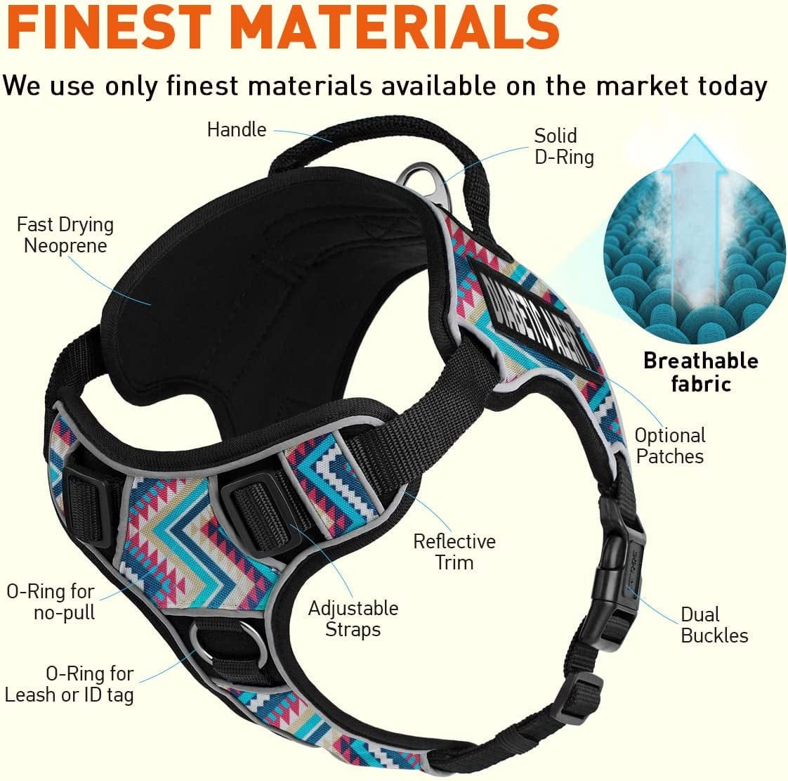 Dogline Quest No-Pull Dog Harness with Diabetic Alert Reflective Removable Patches Reflective Soft Comfortable Dog Vest with Quick Release Dual Buckles Black Hardware and Handle 18 to 22 in Aztec Animals & Pet Supplies > Pet Supplies > Dog Supplies > Dog Apparel Dogline   