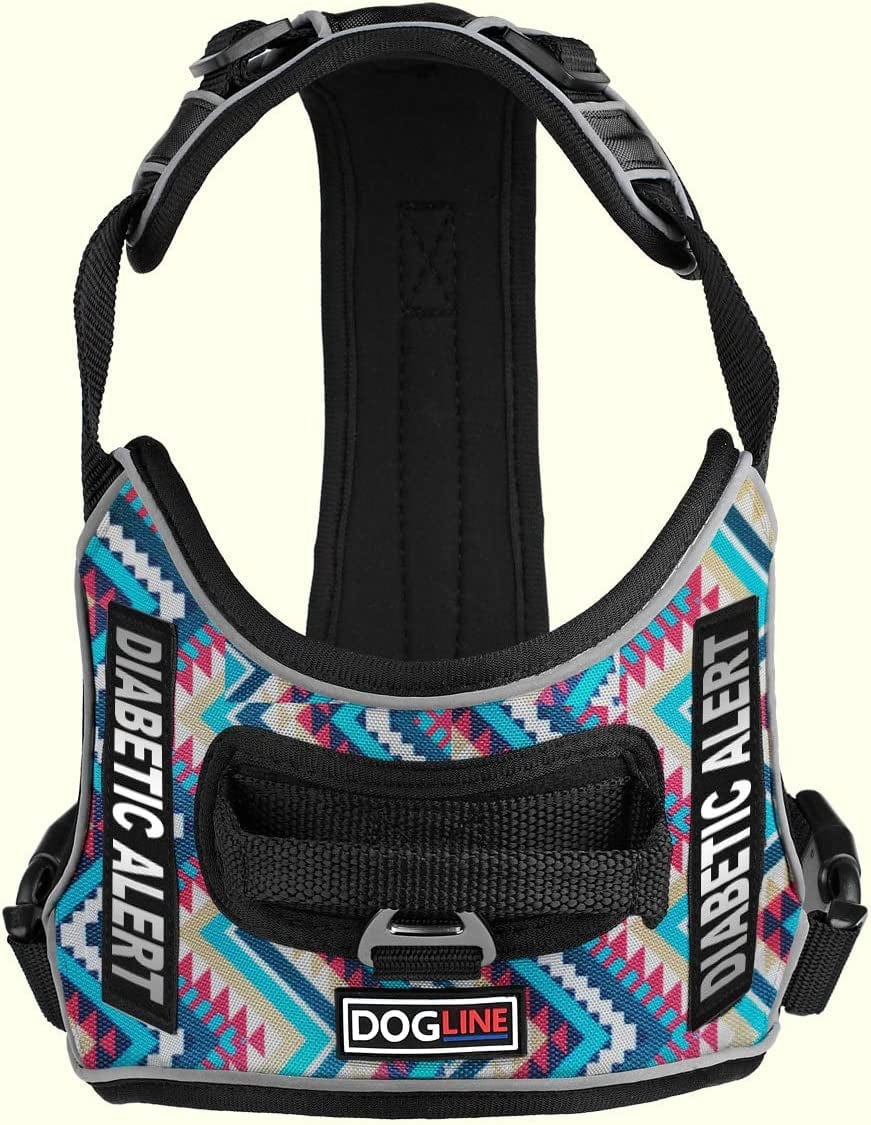 Dogline Quest No-Pull Dog Harness with Diabetic Alert Reflective Removable Patches Reflective Soft Comfortable Dog Vest with Quick Release Dual Buckles Black Hardware and Handle 18 to 22 in Aztec Animals & Pet Supplies > Pet Supplies > Dog Supplies > Dog Apparel Dogline   