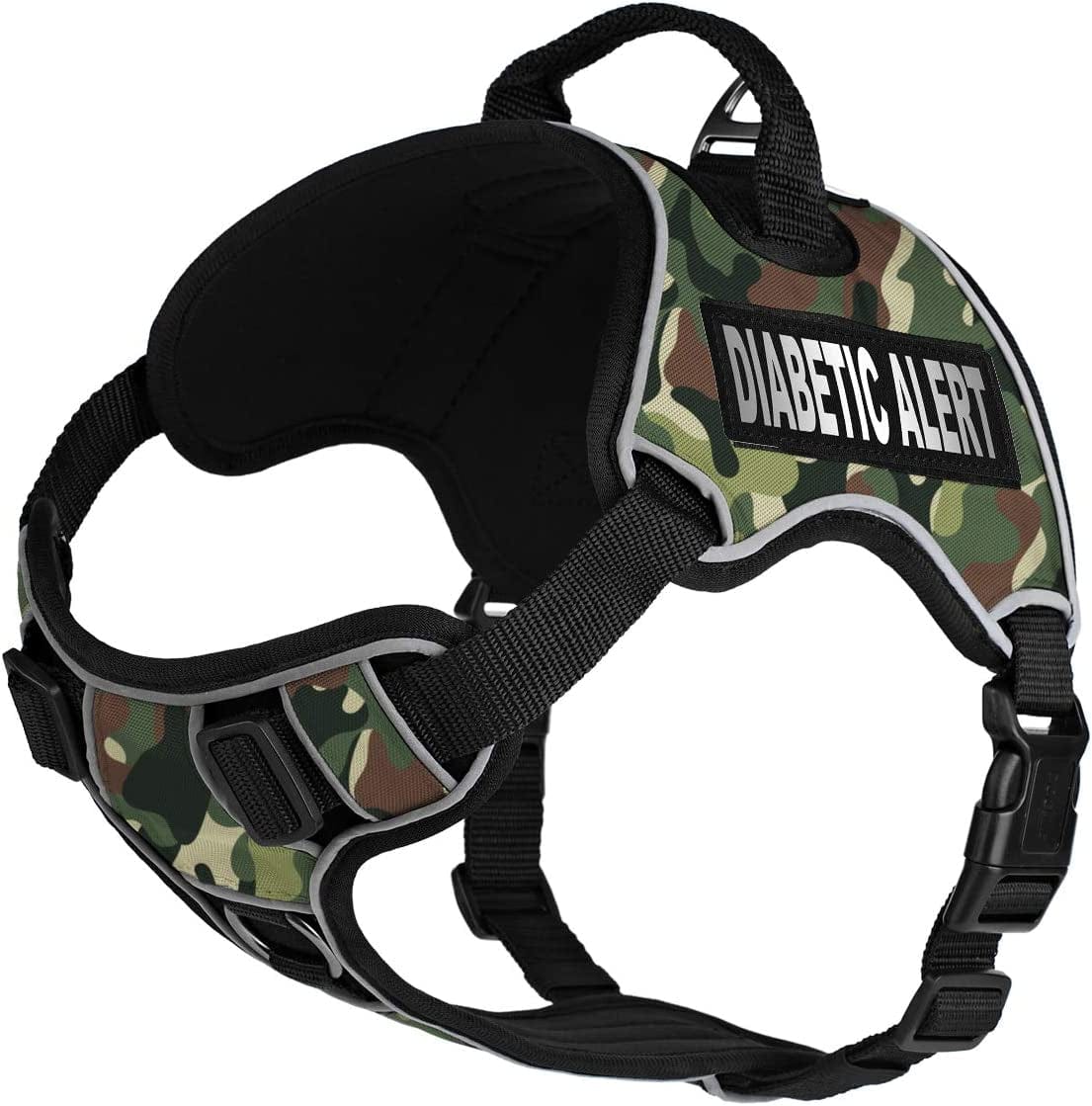 Dogline Quest No-Pull Dog Harness with Diabetic Alert Reflective Removable Patches Reflective Soft Comfortable Dog Vest with Quick Release Dual Buckles Black Hardware and Handle 18 to 22 in Aztec Animals & Pet Supplies > Pet Supplies > Dog Supplies > Dog Apparel Dogline Green Camo Girth 18 to 22" 