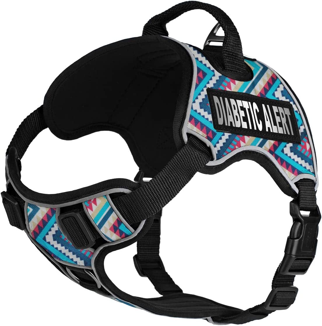 Dogline Quest No-Pull Dog Harness with Diabetic Alert Reflective Removable Patches Reflective Soft Comfortable Dog Vest with Quick Release Dual Buckles Black Hardware and Handle 18 to 22 in Aztec Animals & Pet Supplies > Pet Supplies > Dog Supplies > Dog Apparel Dogline Aztec Girth 18 to 22" 