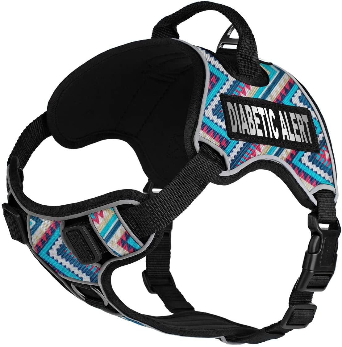 Dogline Quest No-Pull Dog Harness with Diabetic Alert Reflective Removable Patches Reflective Soft Comfortable Dog Vest with Quick Release Dual Buckles Black Hardware and Handle 18 to 22 in Aztec Animals & Pet Supplies > Pet Supplies > Dog Supplies > Dog Apparel Dogline Aztec Girth 21 to 25" 