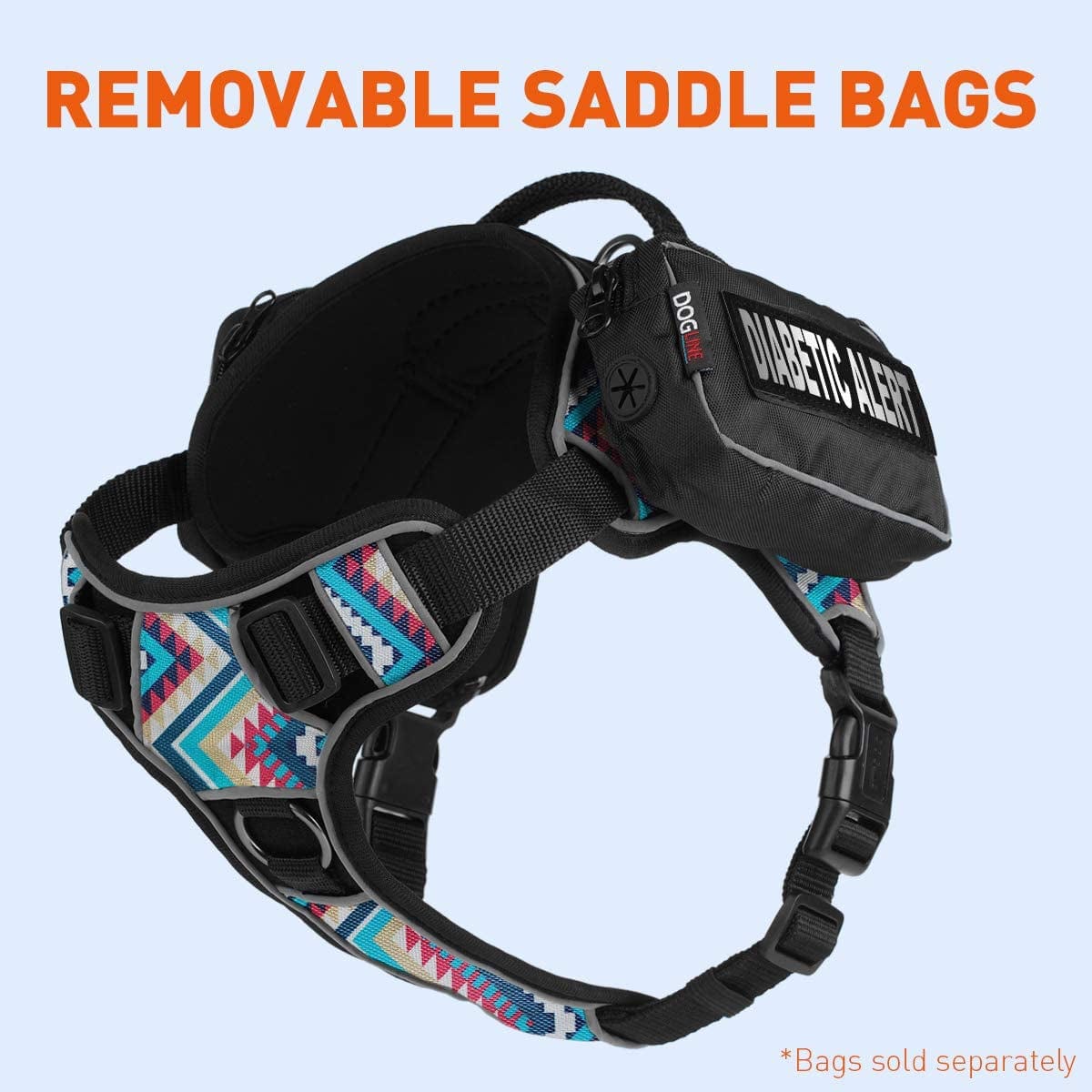 Dogline Quest No-Pull Dog Harness with Diabetic Alert Reflective Removable Patches Reflective Soft Comfortable Dog Vest with Quick Release Dual Buckles Black Hardware and Handle 18 to 22 in Aztec Animals & Pet Supplies > Pet Supplies > Dog Supplies > Dog Apparel Dogline   