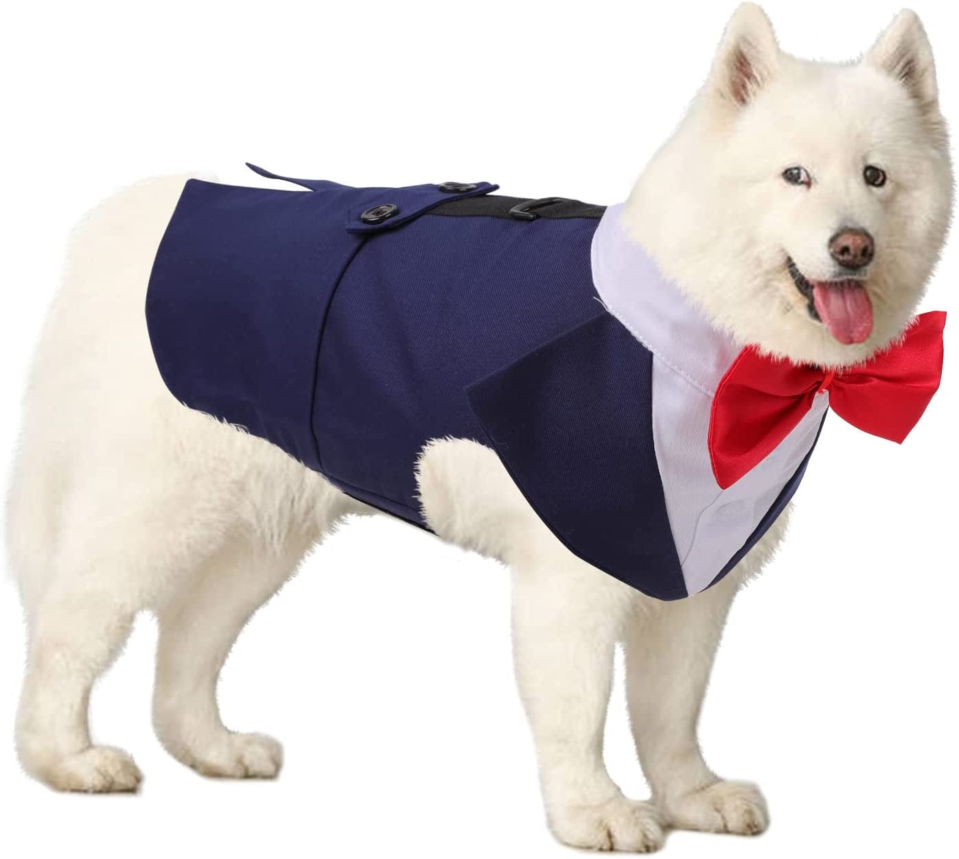 DORA BRIDAL Formal Dog Tuxedo for Medium Large Dogs, Labrador Pet Wedding Party Suit Outfit with Detachable Bowtie Collar Neckerchief Bandana, Dress-Up Halloween Costumes Handsome Elegant Cosplay Animals & Pet Supplies > Pet Supplies > Dog Supplies > Dog Apparel Dora Bridal Blue L=Chest Girth: 20.86''-25.59''; Length: 16.53'' 