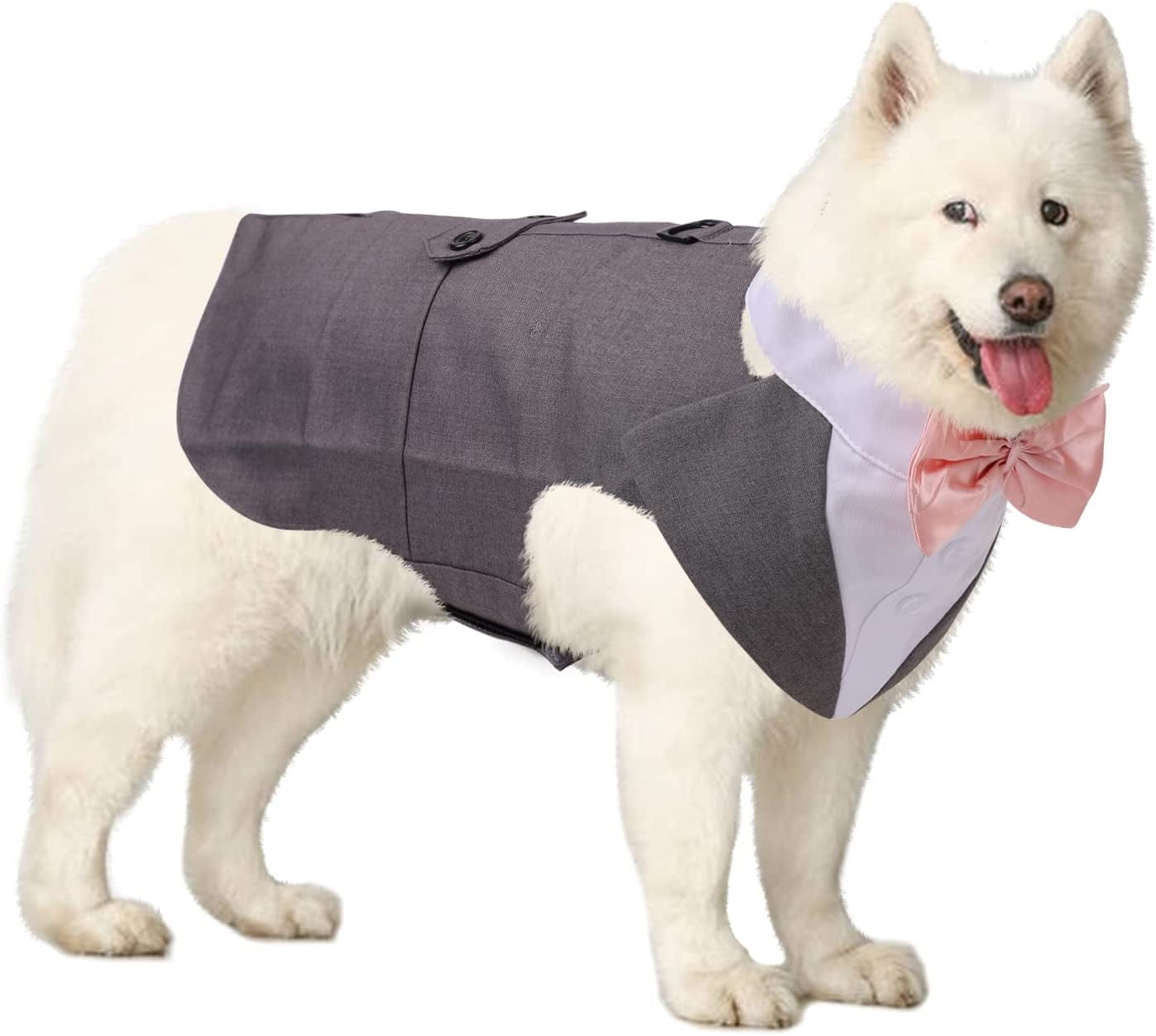 DORA BRIDAL Formal Dog Tuxedo for Medium Large Dogs, Labrador Pet Wedding Party Suit Outfit with Detachable Bowtie Collar Neckerchief Bandana, Dress-Up Halloween Costumes Handsome Elegant Cosplay Animals & Pet Supplies > Pet Supplies > Dog Supplies > Dog Apparel Dora Bridal Grey XXL=Chest Girth: 31.49''-38.58''; Length: 23.62'' 