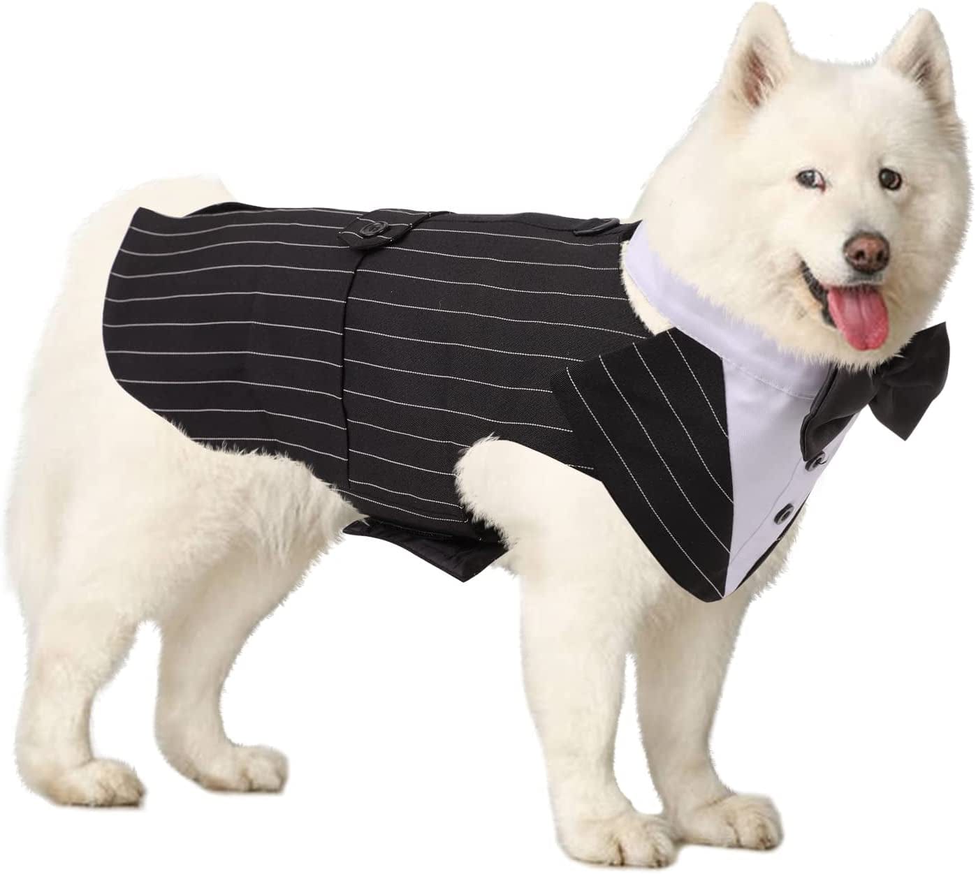 DORA BRIDAL Formal Dog Tuxedo for Medium Large Dogs, Labrador Pet Wedding Party Suit Outfit with Detachable Bowtie Collar Neckerchief Bandana, Dress-Up Halloween Costumes Handsome Elegant Cosplay Animals & Pet Supplies > Pet Supplies > Dog Supplies > Dog Apparel Dora Bridal Striped Black XL=Chest Girth: 25.59''-31.49''; Length: 20.07'' 