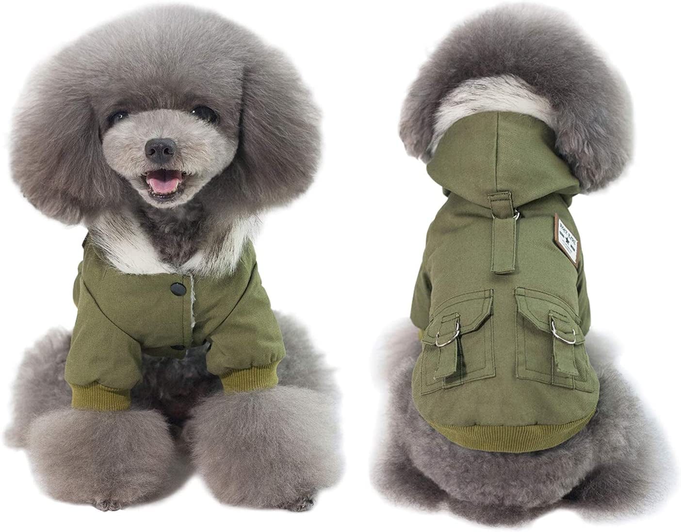 Dyaprwu Warm Dog Hooded Trench Coat Windproof Parka Jacket for Cold Weather (XXL 13.5-20Lbs, Black Grey) Animals & Pet Supplies > Pet Supplies > Dog Supplies > Dog Apparel AprilWu Green XL ( Chest Girth : 18 in ) 