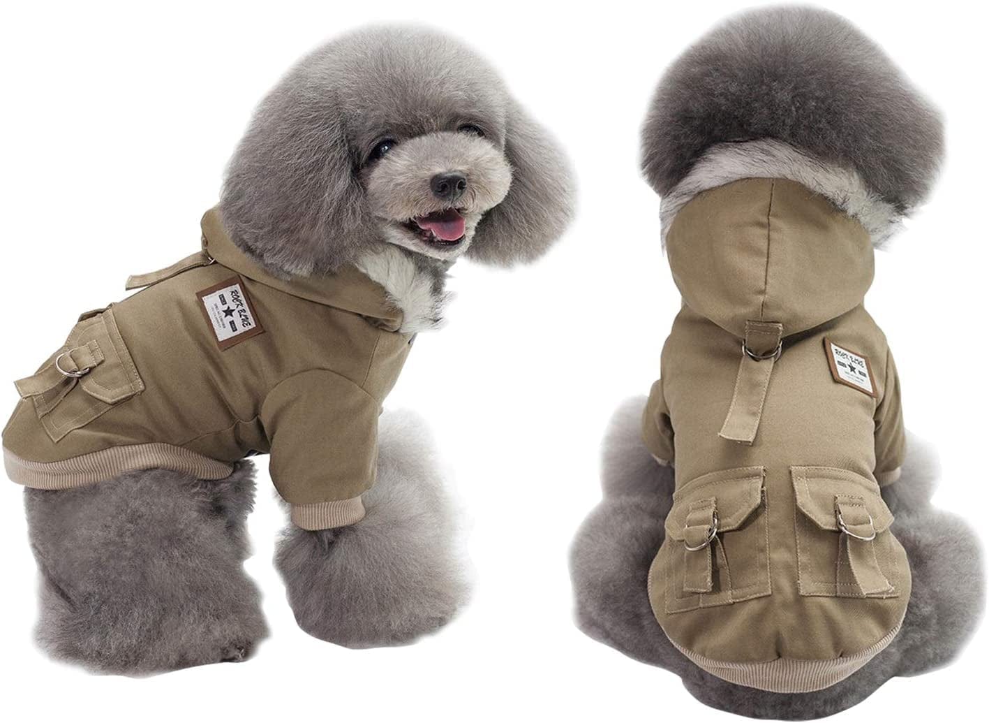 Dyaprwu Warm Dog Hooded Trench Coat Windproof Parka Jacket for Cold Weather (XXL 13.5-20Lbs, Black Grey) Animals & Pet Supplies > Pet Supplies > Dog Supplies > Dog Apparel AprilWu Khaki XL ( Chest Girth : 18 in ) 