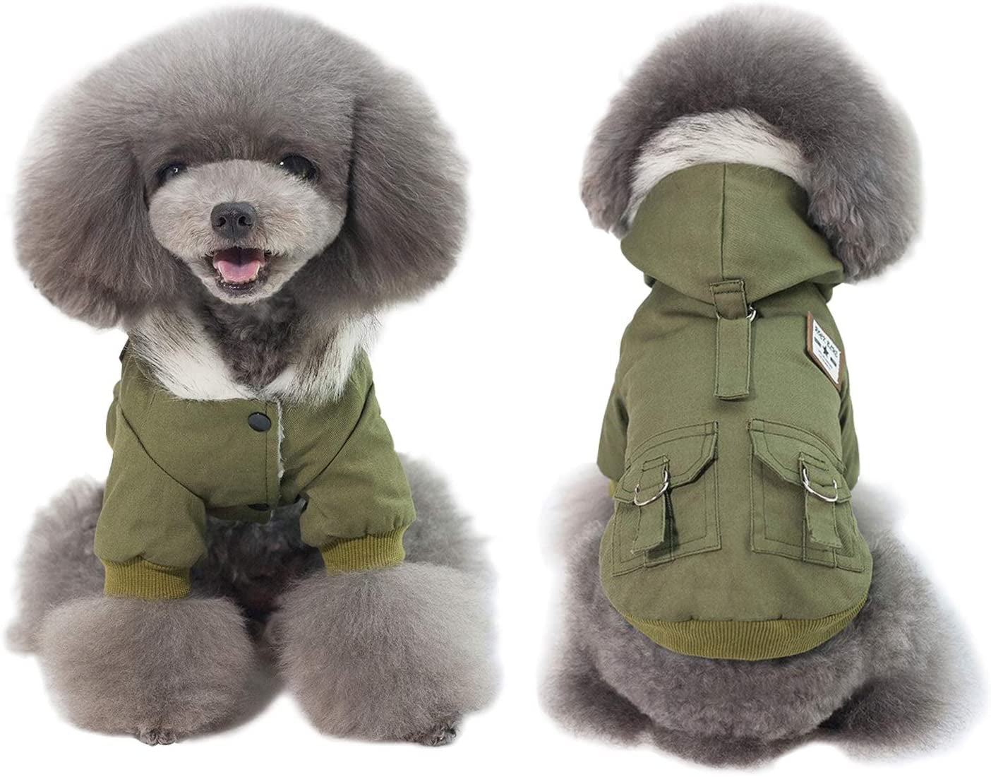 Dyaprwu Warm Dog Hooded Trench Coat Windproof Parka Jacket for Cold Weather (XXL 13.5-20Lbs, Black Grey) Animals & Pet Supplies > Pet Supplies > Dog Supplies > Dog Apparel AprilWu Green Large ( Chest Girth : 16 in ) 