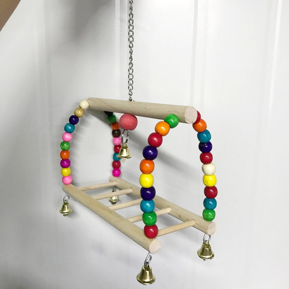 Sardfxul Bird Parrot Toy Hanging Bird Swing Perch Wooden Parrot Ladder Bird Cage Chew Bell Toy with Colorful Beads for Birds Cockatiel Cockatoo Lovebird Animals & Pet Supplies > Pet Supplies > Bird Supplies > Bird Ladders & Perches Sardfxul   