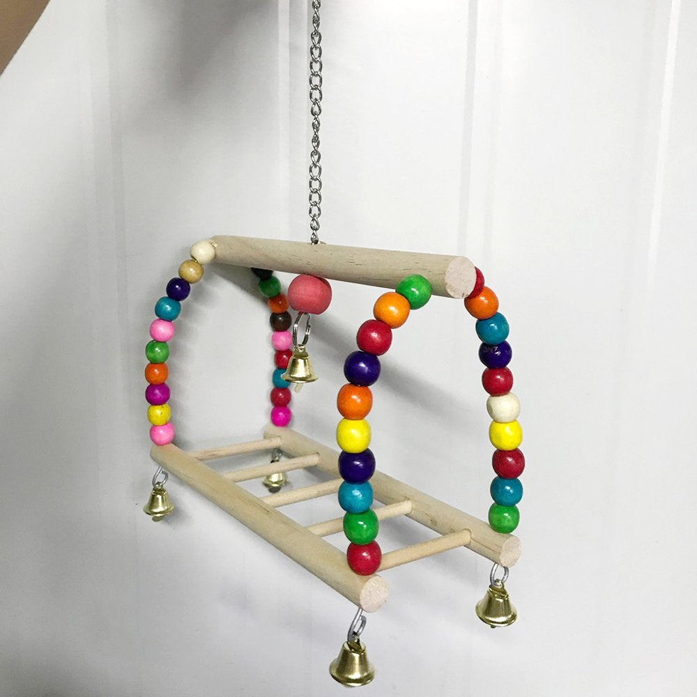 Bird Parrot Toy Hanging Bird Swing Perch Wooden Parrot Ladder Bird Cage Chew Bell Toy with Colorful Beads for Birds Cockatiel Cockatoo Lovebird
