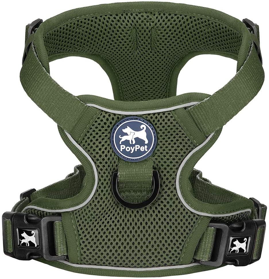 Poypet Reflective Soft Breathable Mesh Dog Harness Choke-Free Double Padded Vest with Adjustable Neck and Chest(Military Green,M) Animals & Pet Supplies > Pet Supplies > Dog Supplies > Dog Apparel PoyPet Military Green Medium 