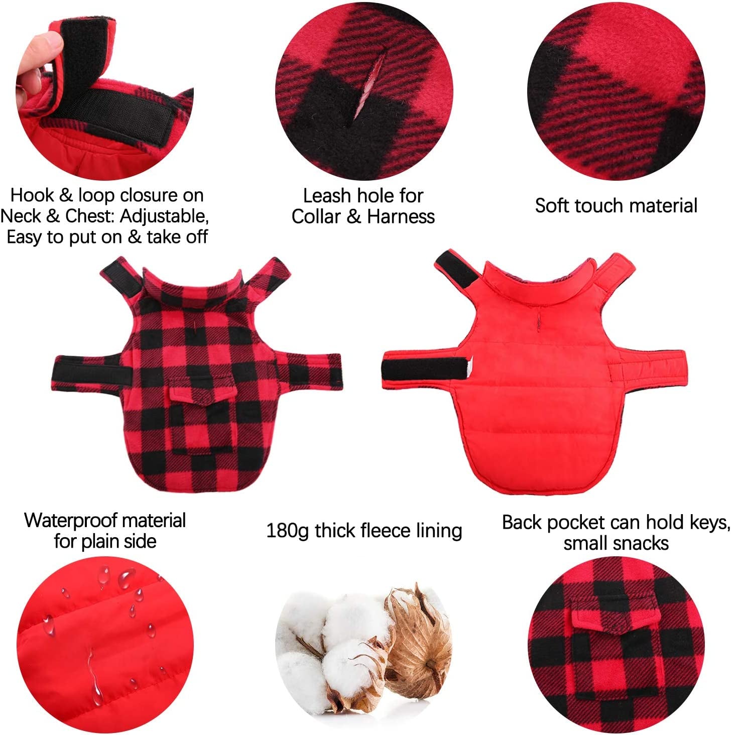 Kuoser Cozy Dog Winter Coat, Windproof Dog Jacket British Style Plaid Cold Weather Dog Coat Reversible Warm Dog Vest for Small Medium Large Dogs Red L Animals & Pet Supplies > Pet Supplies > Dog Supplies > Dog Apparel Kuoser   