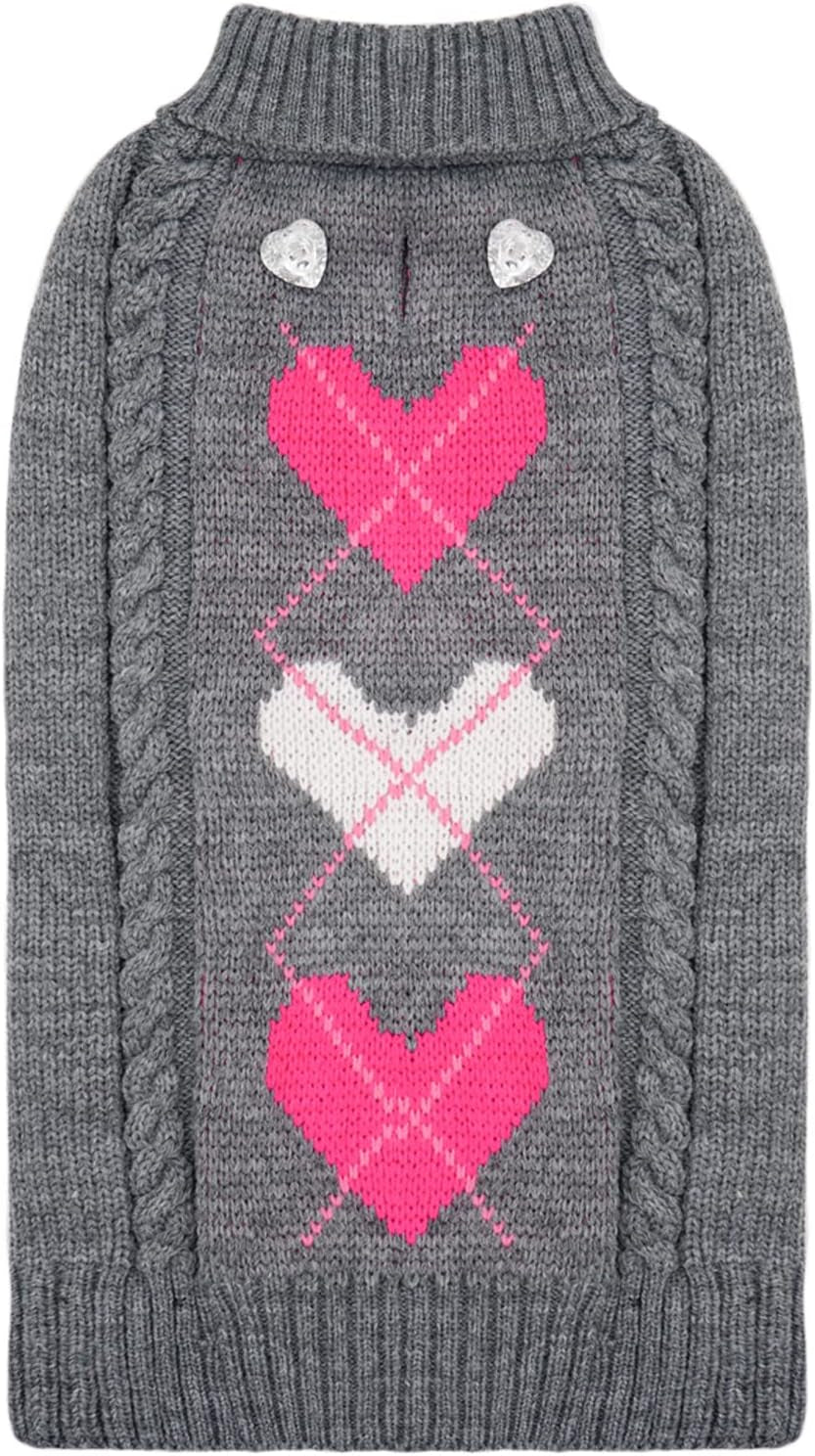 KYEESE Dogs Sweaters Valentine'S Day Pink Heart Pattern with Leash Hole Dog Sweater Knitwear Warm Puppy Sweater Animals & Pet Supplies > Pet Supplies > Dog Supplies > Dog Apparel kyeese 2# Heart (Grey) Medium (7-11lbs) 