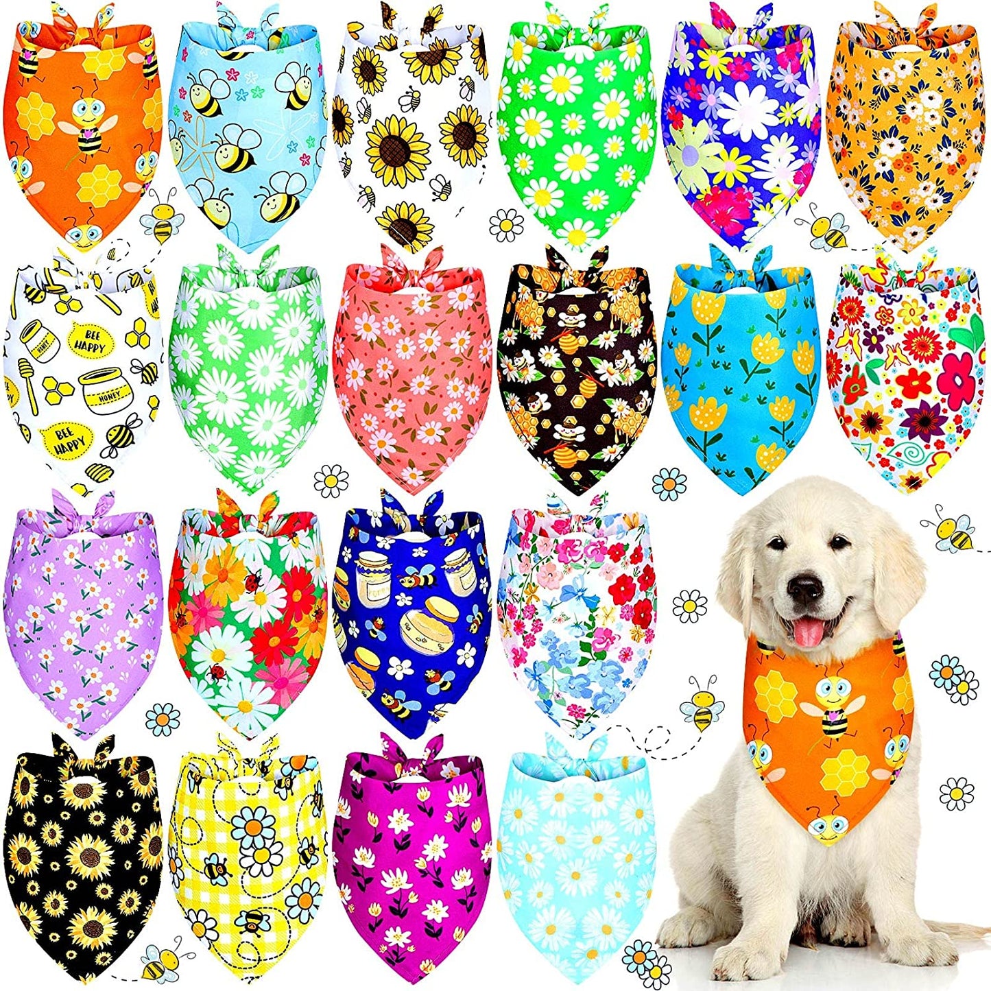 20 Pieces Summer Spring Dog Bandanas Bulk, Hawaii Floral Dog Bandana Soft Triangle Doggy Kerchief Scarf Bibs with Flowers Patterns for Small Medium Large Pets (Flowers, Bees, Large) Animals & Pet Supplies > Pet Supplies > Dog Supplies > Dog Apparel Weewooday Flowers, Bees Large 