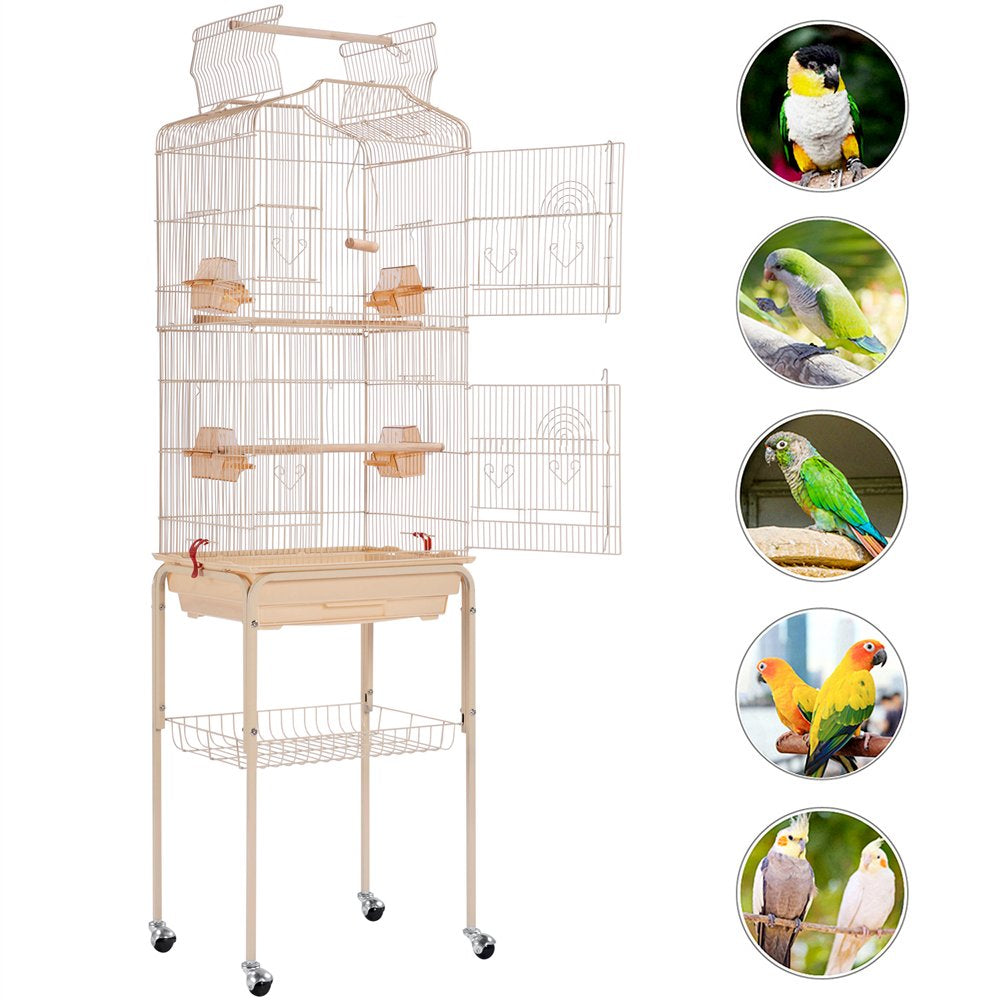 Topeakmart 64''H Open Top Metal Birdcage Rolling Parrot Cage with Detachable Stand, Almond Animals & Pet Supplies > Pet Supplies > Bird Supplies > Bird Cages & Stands Topeakmart   