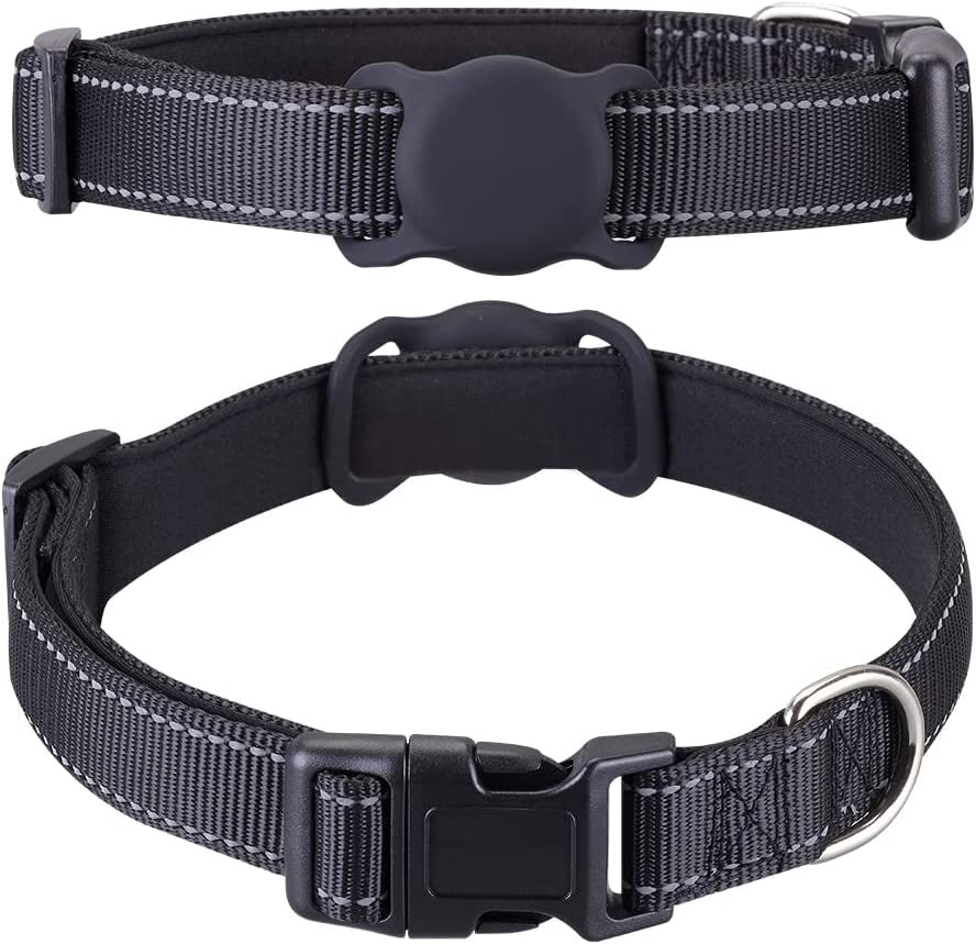 Airtag Dog Collar for Small Medium Large Dogs, Animire Soft Neoprene Padded Pet Cat Collar, Nylon Puppy Collar with Silicone Air Tag Case Holder Accessories, 9''-16'' Neck Electronics > GPS Accessories > GPS Cases Animire Black M:13''-20'' Neck 