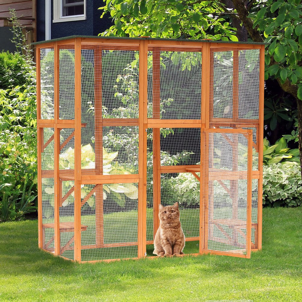 Outdoor Durable Wire Mesh Wooden Cat Home Enclosure Pet Shelter Cage W/ Play Area Run