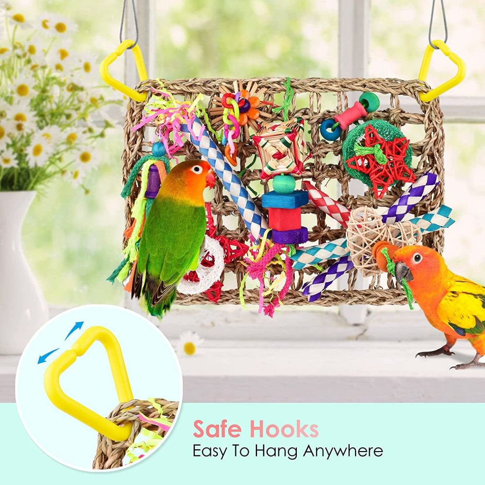 Bird Toys, Bird Foraging Wall Toy, Edible Seagrass Woven Climbing Hammock Mat with Colorful Chewing Toys,Swing Toy， Suitable for Lovebirds, Finch, Other Birds