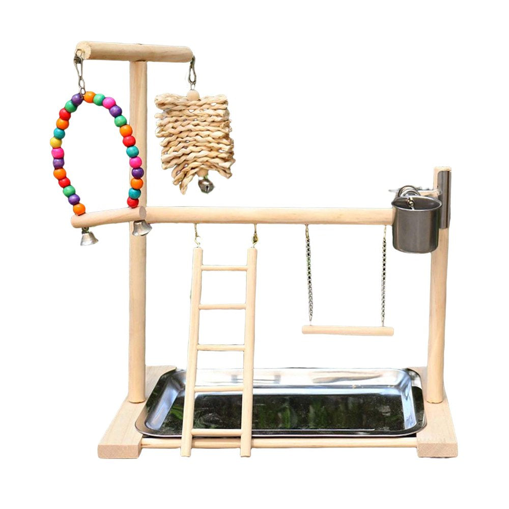 Pet Playstand Bird Playground with Feeder Cups Bells Bird Playpen Solid Wood Perch Bird Gym Climbing Ladder Chewing Parakeet Animals & Pet Supplies > Pet Supplies > Bird Supplies > Bird Ladders & Perches perfeclan   