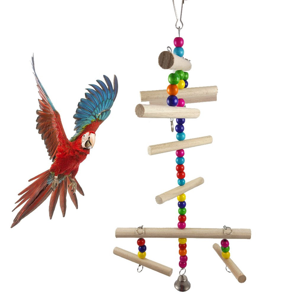 Bird Cage Toys Parrot Wood Perch Toy Colorful Wooden Beads Ladder Stand Chewing Toy for Cockatiels Parakeets Conures Animals & Pet Supplies > Pet Supplies > Bird Supplies > Bird Ladders & Perches BYDEZCON   