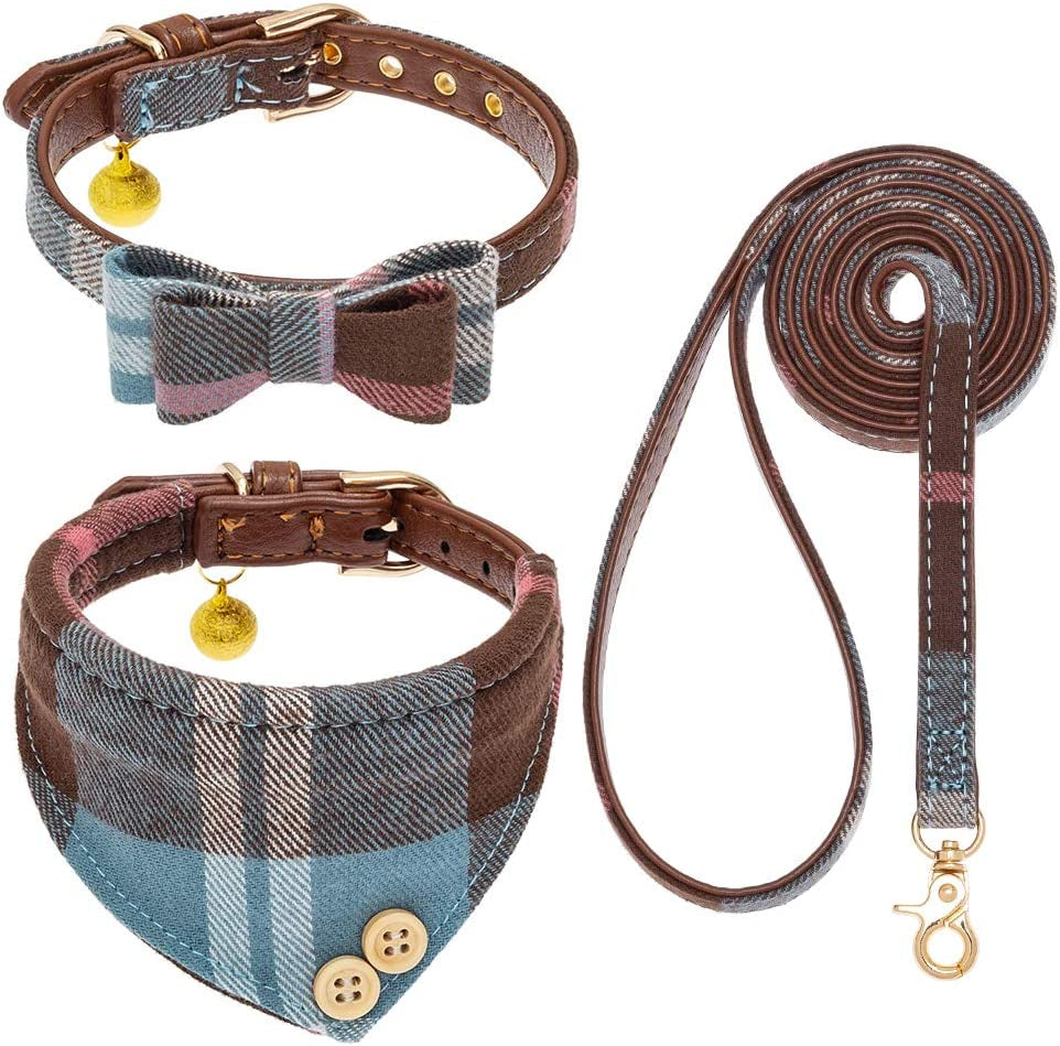 EXPAWLORER Dog Collar and Leash Set - Classic Plaid Dog Bow Tie and Dog Bandana Collar with Bell, Dog Leash Tangle Free, Adjustable Collars for Small Medium Large Dogs Cats, Holiday Ideal Gift Animals & Pet Supplies > Pet Supplies > Dog Supplies > Dog Apparel EXPAWLORER Blue Small-Medium 