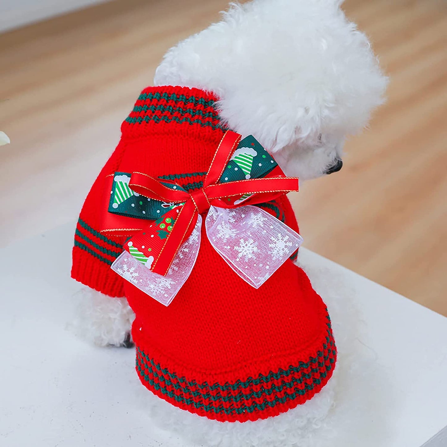 BAEJMJK Dog Christmas Sweater for Small Dogs Warm Puppy Bowknot Jumper Pet Cat Turtleneck Christmas Clothes for Fall Winter（Red,Small） Animals & Pet Supplies > Pet Supplies > Dog Supplies > Dog Apparel BAEJMJK   