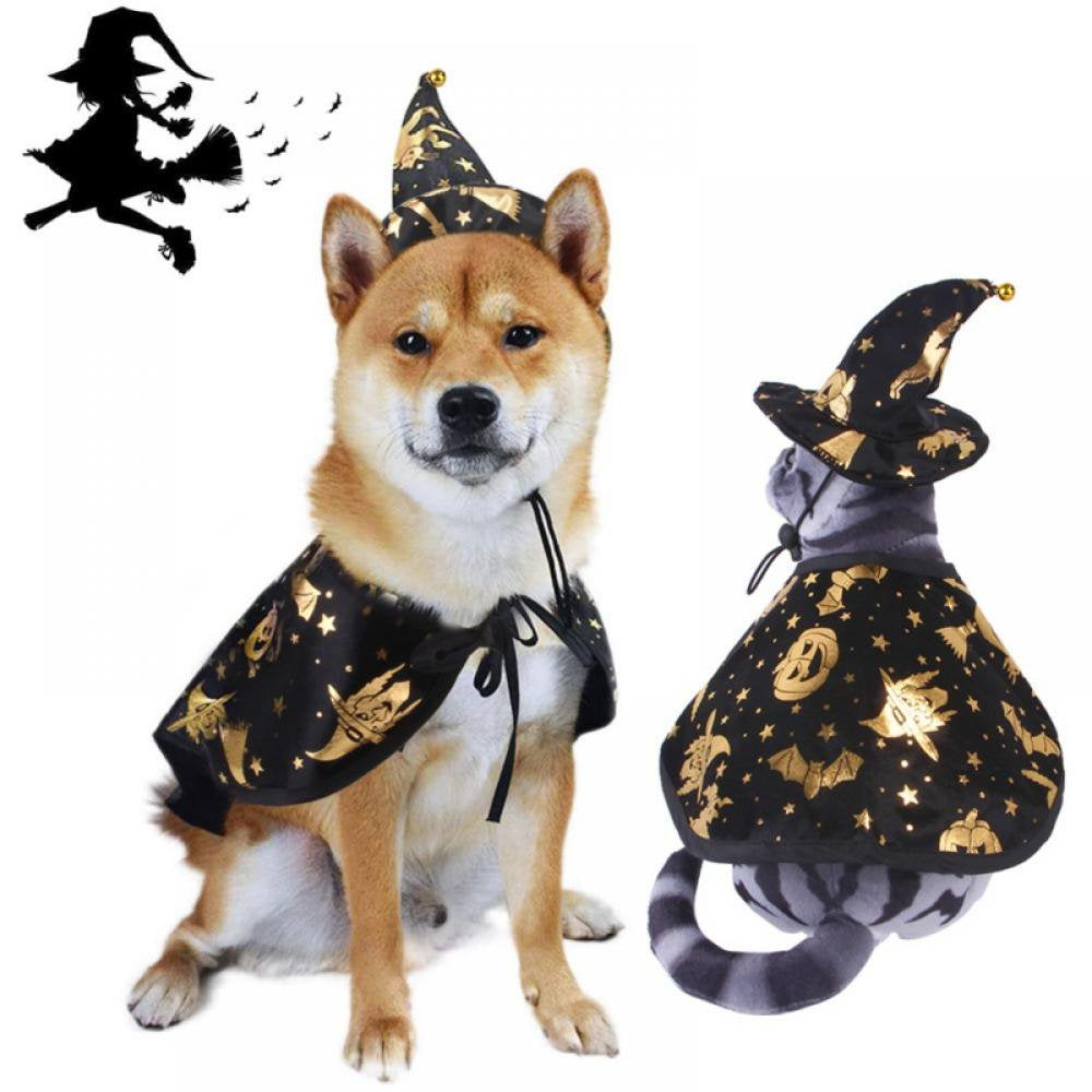 Pet Halloween Costumes Cape with Wizard Hat Dog Cat Halloween Apparels S-L Animals & Pet Supplies > Pet Supplies > Dog Supplies > Dog Apparel Wuffmeow M Black 
