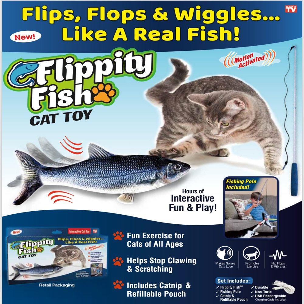 Flippity Fish Cat Toy, Interactive Cat Toy, Flips, Flops & Wiggles like a Real Fish, Motion Activated, Cat Fun, Exercise for Cats, Includes Catnip, Helps Stop Clawing & Scratching, Animal Toys Animals & Pet Supplies > Pet Supplies > Cat Supplies > Cat Toys As Seen on TV   