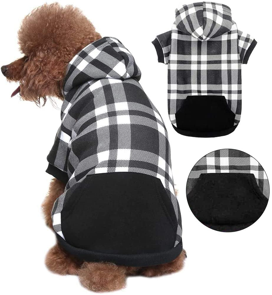 BINGPET Dog Plaid Hoodie - Pocket Design - Dog Fleece Sweater with Hat Pet Winter Clothes Plaid Dog Sweatershirts for Winter Animals & Pet Supplies > Pet Supplies > Dog Supplies > Dog Apparel BBPET Black Small 